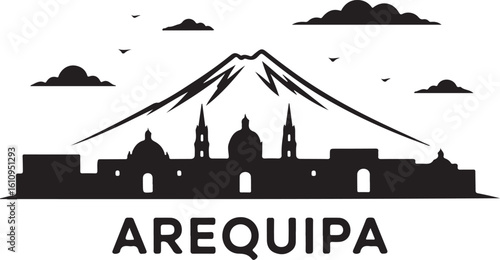 Arequipa Skyline Silhouette Misti Volcano Cathedral Domes Peruvian City Vector in Black