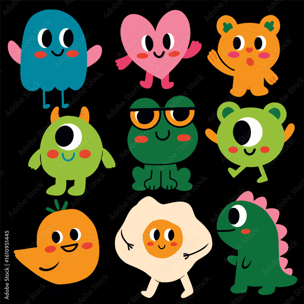 Fototapeta premium Vectors Clipart and Cute Cartoon Monster Doodle Characters Collection on Black Background
