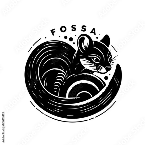 A stylized black and white illustration of a fossa curled in a circle