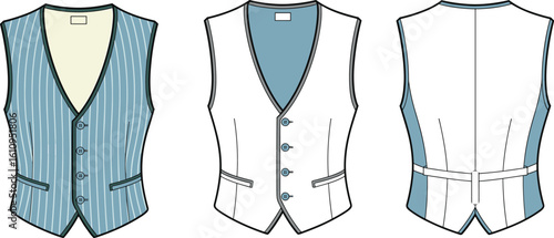 CAD drawing flat vector illustration of men’s waistcoats, front and back views, pinstripe and solid styles, formal fashion sketch, garment layout, tailored vest design, clothing template