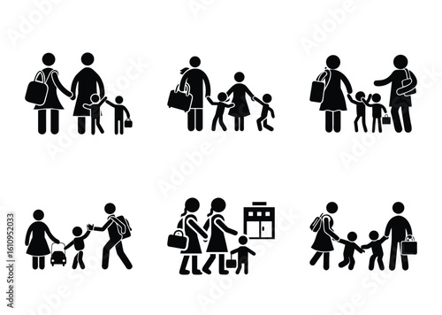 American Family Day Stick figure family representations depicting parents and children traveling or going to school