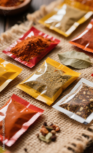 A colorful assortment of various ground spices and seasoning powders in individual transparent packets on rustic burlap.