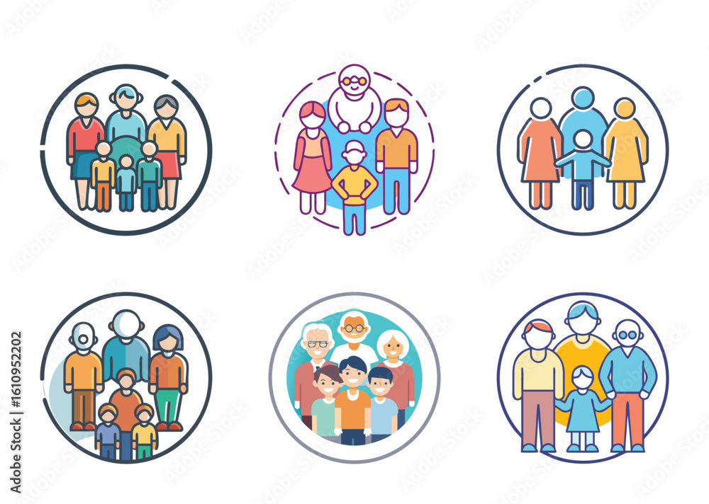 Fototapeta premium American Family Day Collection of Six Diverse Family Group Icon Illustrations in Circular Frames