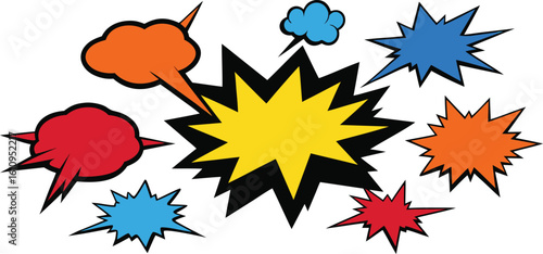 A vibrant collection of colorful comic book style explosion sound effect speech bubbles and starburst shapes in various sizes and bright hues