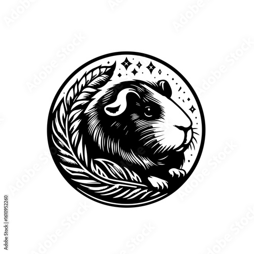 A charming guinea pig portrait illustration surrounded by leaves