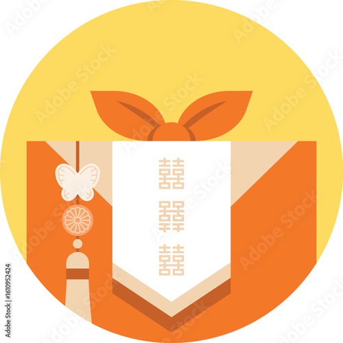 Korean Chuseok gift wrapped in orange bojagi inside a full moon circle. Suitable for festive designs and versatile as an icon for seasonal use.