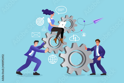 A business team pushes gears together, while a woman with a laptop manages the process. This concept illustrates teamwork, collaboration, business process integration, and workflow.