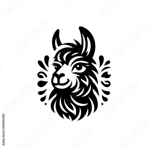 A stylized black and white illustration of a llamas head
