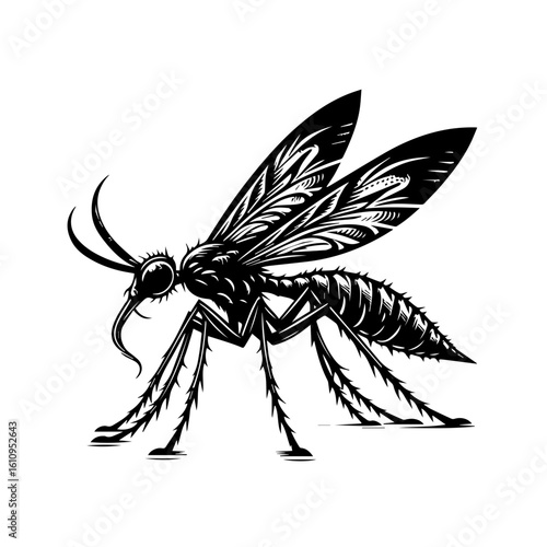 A detailed black and white illustration of a mosquito