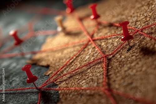 Red pins on cork with connecting strings, close up. Great for conspiracy theories, connections, or business.