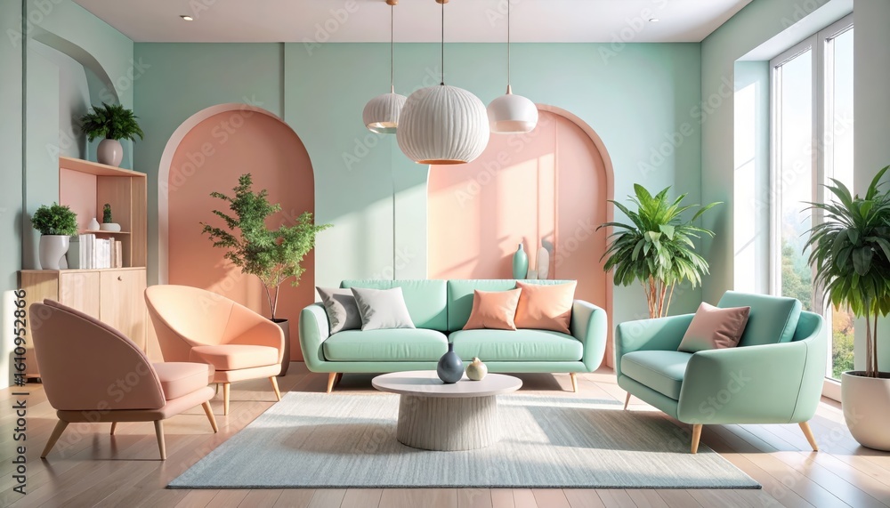 Fototapeta premium Pastel Living Room with Arched Niches, Mint Sofa, and Globe Pendant Lights