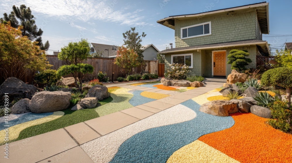 Obraz premium Colorful landscaped garden with patterned stones and modern house in bright daylight