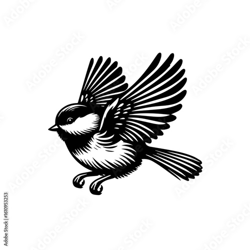 A small chickadee bird in flight with wings spread open