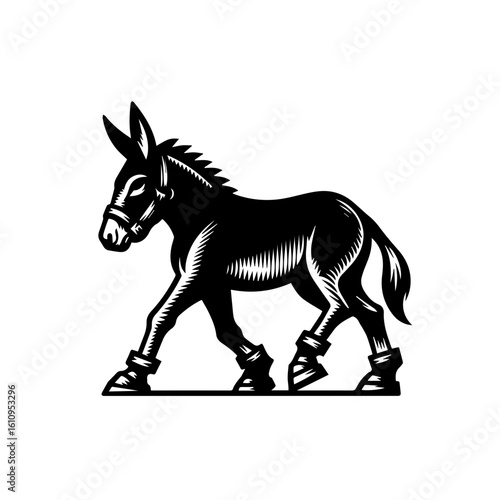 A black donkey walks with its head held high