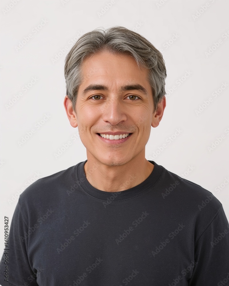 Southeast Asian elderly man wearing plain dark steel tshirt smiling happy portrait on plain white background Southeast Asian elderly man wearing plain dark steel tshirt smiling happy portrait on plain white background