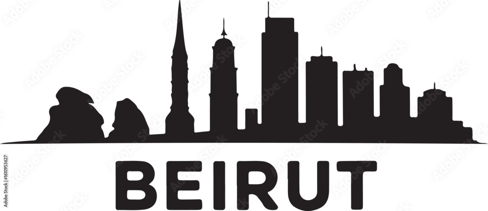 Naklejka premium Beirut Skyline Vector Silhouette Black with Pigeon Rocks and Martyrs Square