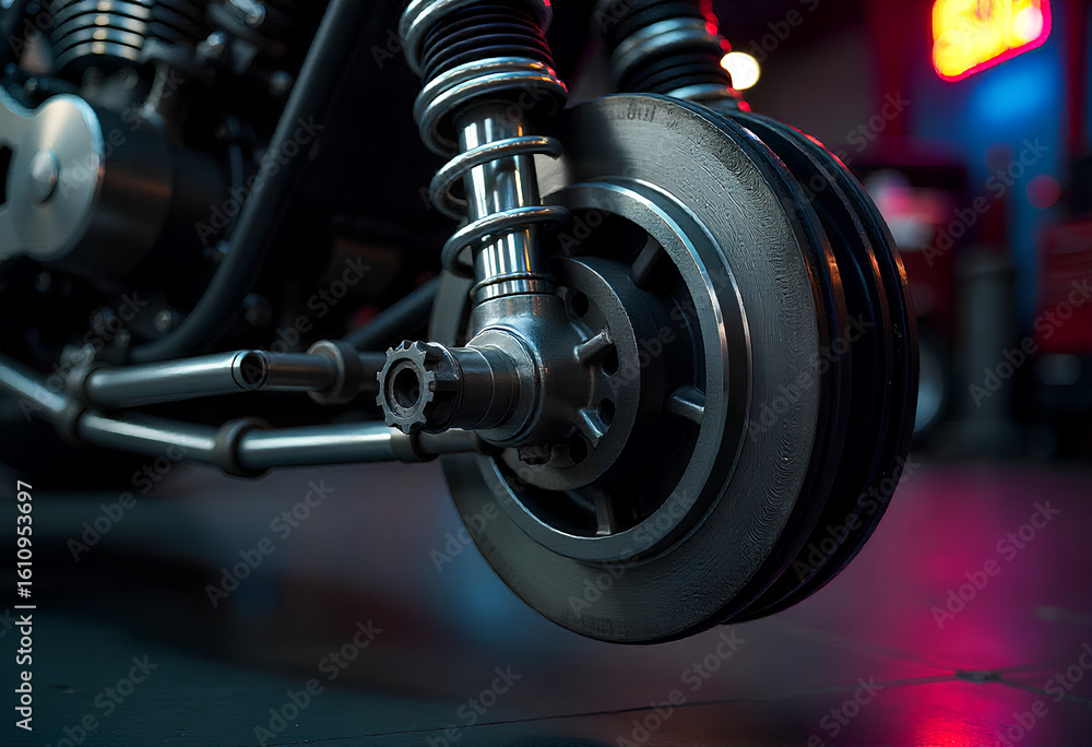 Fototapeta premium Precision engineering: disassembled steel suspension emphasizes robust construction and control
