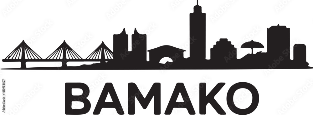 Fototapeta premium Black Silhouette Vector of Bamako Skyline with Niger River Bridges and City Towers