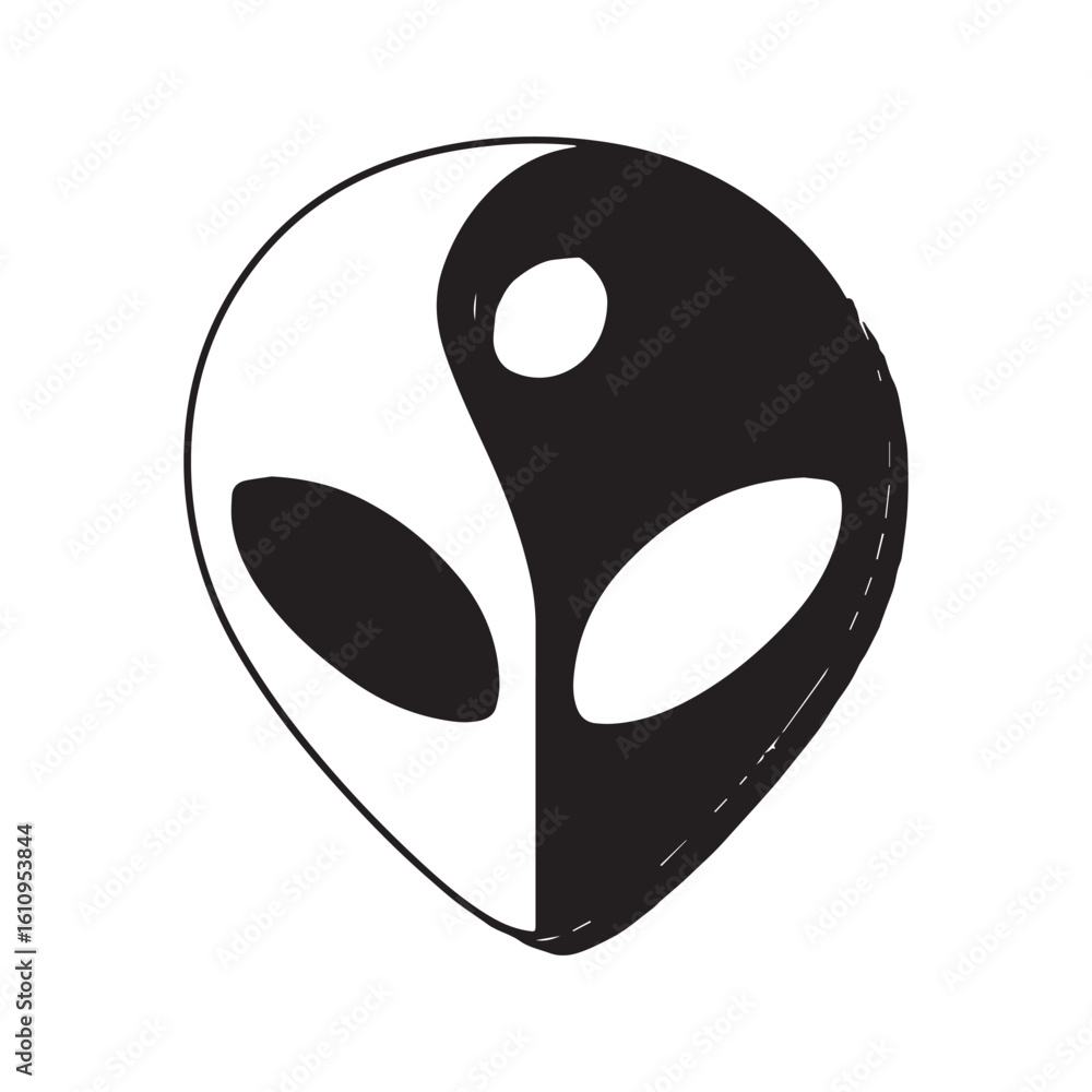 Naklejka premium Alien Head Icon, Black and White Graphic of Extraterrestrial Face with Shadow, Classic Sci-Fi Symbol.