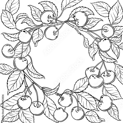 Cherry Branch with Berries and Leaves Outline Frame. Organic natural nutritional healthy food ingredient, vegetarian diet product. Vector isolated for design or decoration.