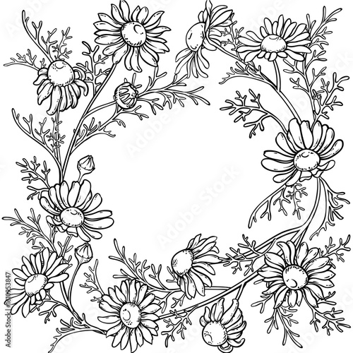 Chamomile Branch with Flowers and Leaves Outline Frame. Ingredient for cosmetics, health care, alternative medicine. Vector isolated for design or decoration.