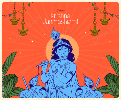 Shree Krishna Janamasthami lettering with lord vector illustration banner design template 
