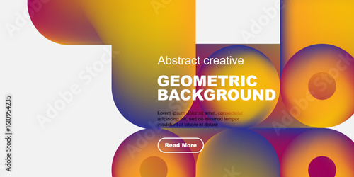 Abstract geometric shapes, vibrant colors, modern design. Text includes geometric background, plus sample text, button. Minimalist aesthetic.