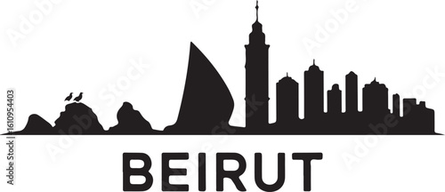 Beirut Skyline Vector Silhouette Black with Pigeon Rocks and Martyrs Square