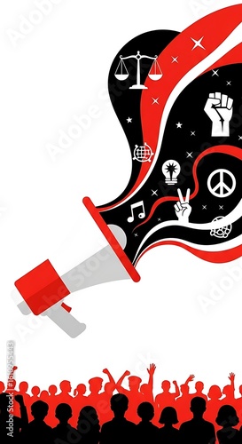 A megaphone emits symbols of justice, peace, and freedom towards a crowd of raised fists, representing social activism and protest.
