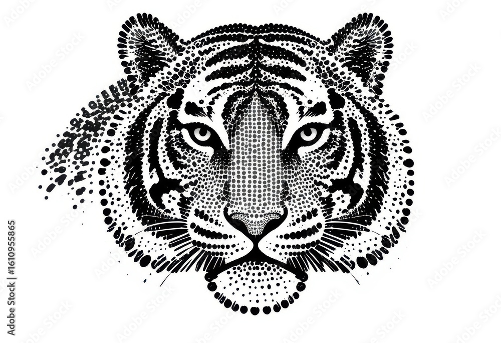 Stippled Tiger Head Vector Dot Art, Black and Grey Tones, Isolated on White, Unique Design Stippled Tiger Head Vector Dot Art, Black and Grey Tones, Isolated on White, Unique Design