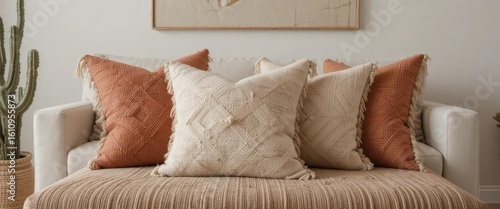  Front View of Woven Pillows Creating a Natural and Grounded Living Space. Warm, earthy tones.