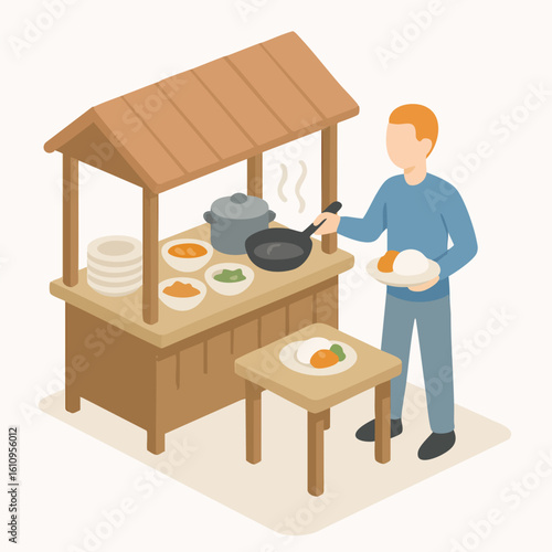 Isometric Illustration of Indonesian Street Food Vendor with Customer