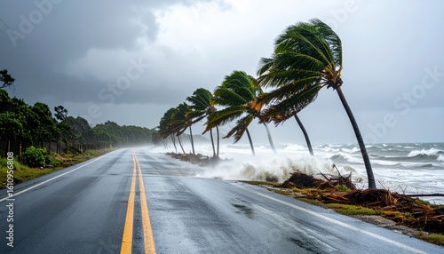 Coastal road with strong winds bending palm trees, rough ocean waves crashing, and a stormy sky creating a dramatic and intense tropical weather scene.