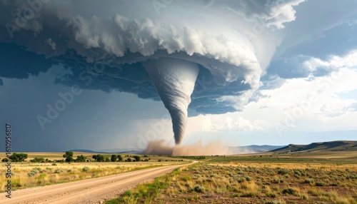 A powerful tornado twists across an open plain under a dramatic, swirling sky, kicking up dust along a dirt road.