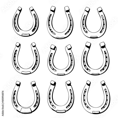 Stylized Horseshoe Illustration Set – Decorative Black and White Vector Collection