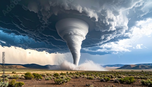 A massive tornado spirals from dark storm clouds over a dry, shrub-filled landscape under a dramatic sky.
