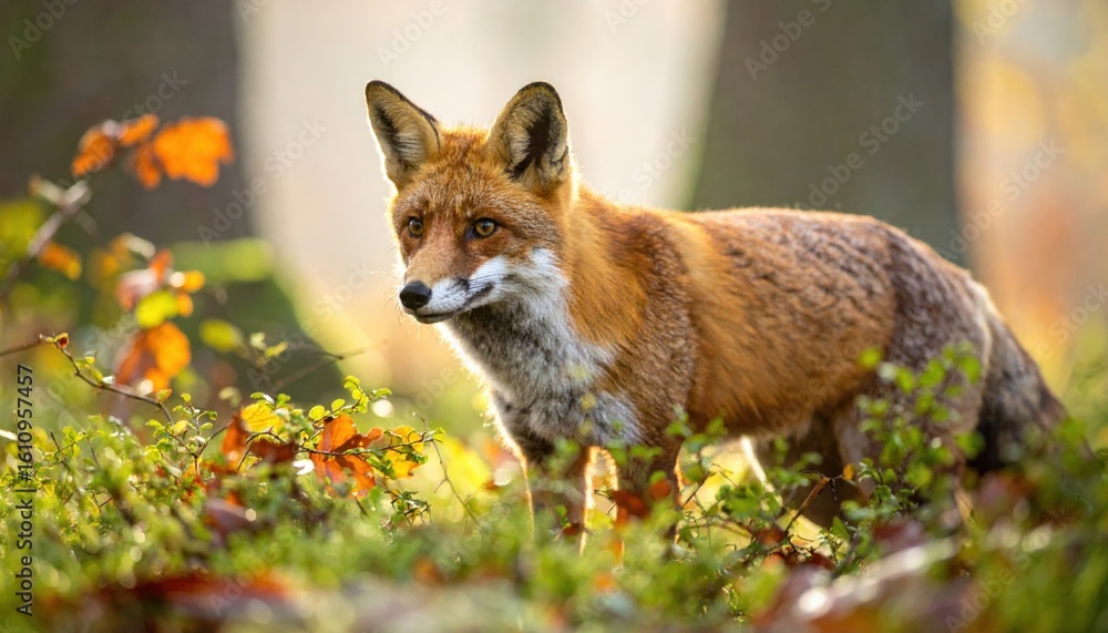 Fototapeta premium A red fox stands alert in a sunlit forest clearing surrounded by colorful autumn foliage.