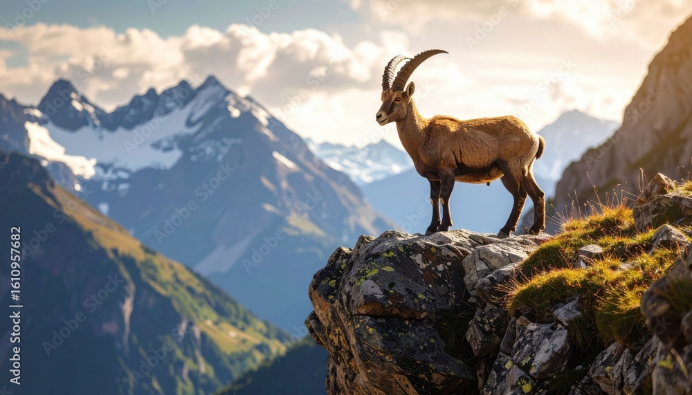 Obraz premium A mountain goat stands majestically on a rocky cliff overlooking a scenic valley with snow-capped peaks under a partly cloudy sky at sunset.