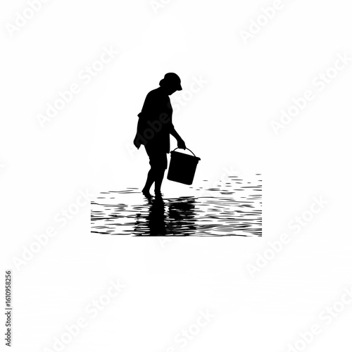Silhouette of person wading in tide pool with container on white background