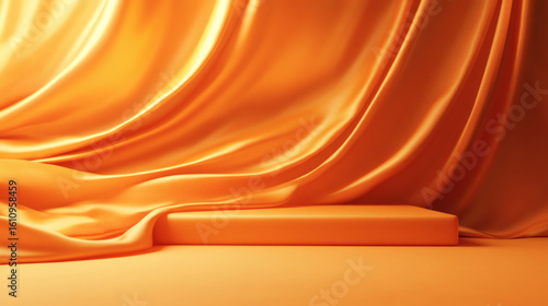 Smooth, orange fabric draped over a simple platform.