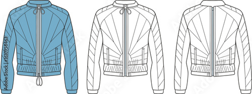 CAD drawing flat vector illustration of modern bomber jacket, fashion garment design, technical apparel sketch, clothing template, outerwear artCAD drawing flat vector illustration of modern bomber 