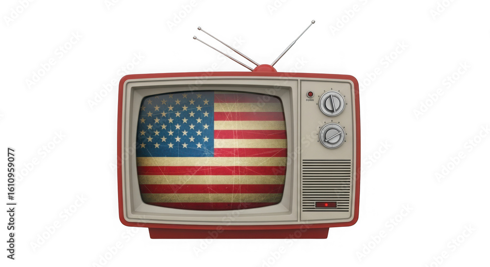 Obraz premium Retro television with american flag isolated on transparent background
