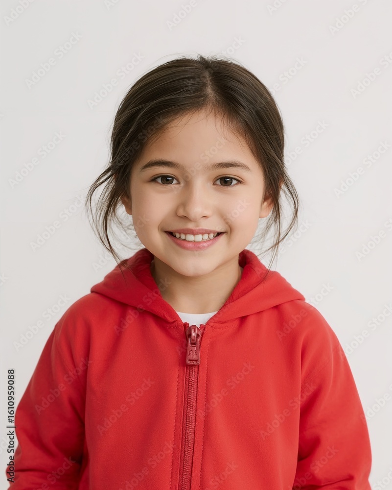 East Asian child girl wearing plain bright red jacket smiling happy portrait on plain white background East Asian child girl wearing plain bright red jacket smiling happy portrait on plain white background