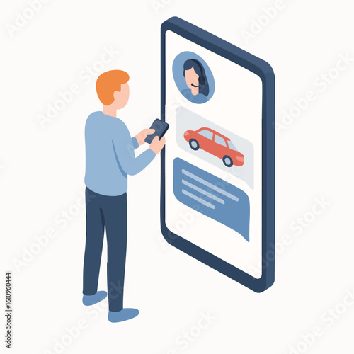 Isometric Illustration of Person Using Mobile App for Car Rental Service