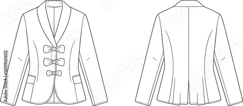 Women's chic tailored blazer flat sketch with decorative bows for formal or elegant wear, stylish jacket CAD template, front and back view,  vector illustration, professional fashion drawing.