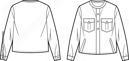 Women's collarless button-front jacket flat sketch for casual or semi-formal wear, versatile outerwear apparel CAD template, front pockets, front and back view, customizable vector .