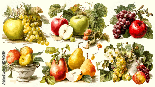 A collection of fruits including apples, pears, and grapes. The image is a still life of various fruits arranged in a bowl