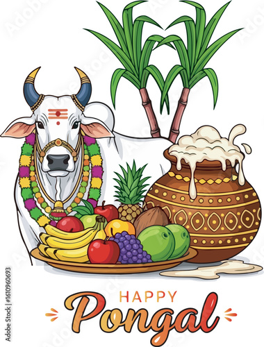 Festive indian harvest celebration featuring decorated ox sugarcane and abundant fruits for pongal festival Art & Illustration