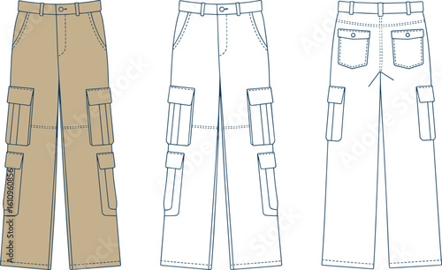 CAD drawing flat vector illustration of multi-pocket cargo trousers, men’s utility pants front and back view, fashion technical sketch, workwear style apparel design
