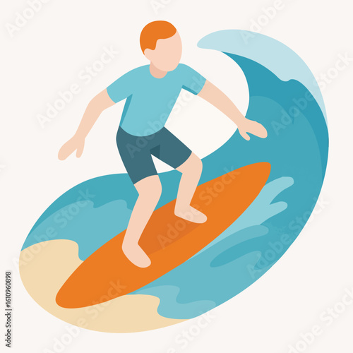 Flat Illustration Man Surfing on Wave at Sea Summer Activity